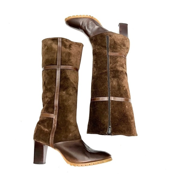 Vintage 1970s brown suede leather accent knee high zip up heeled fashion boots - Picture 2 of 9